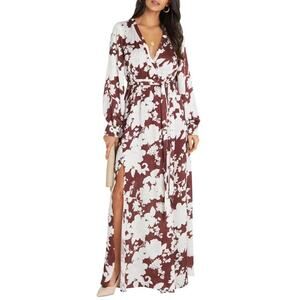 NWT VICI COLLECTION Brown Floral Print Long Sleeve Waist Tie Maxi Dress XS